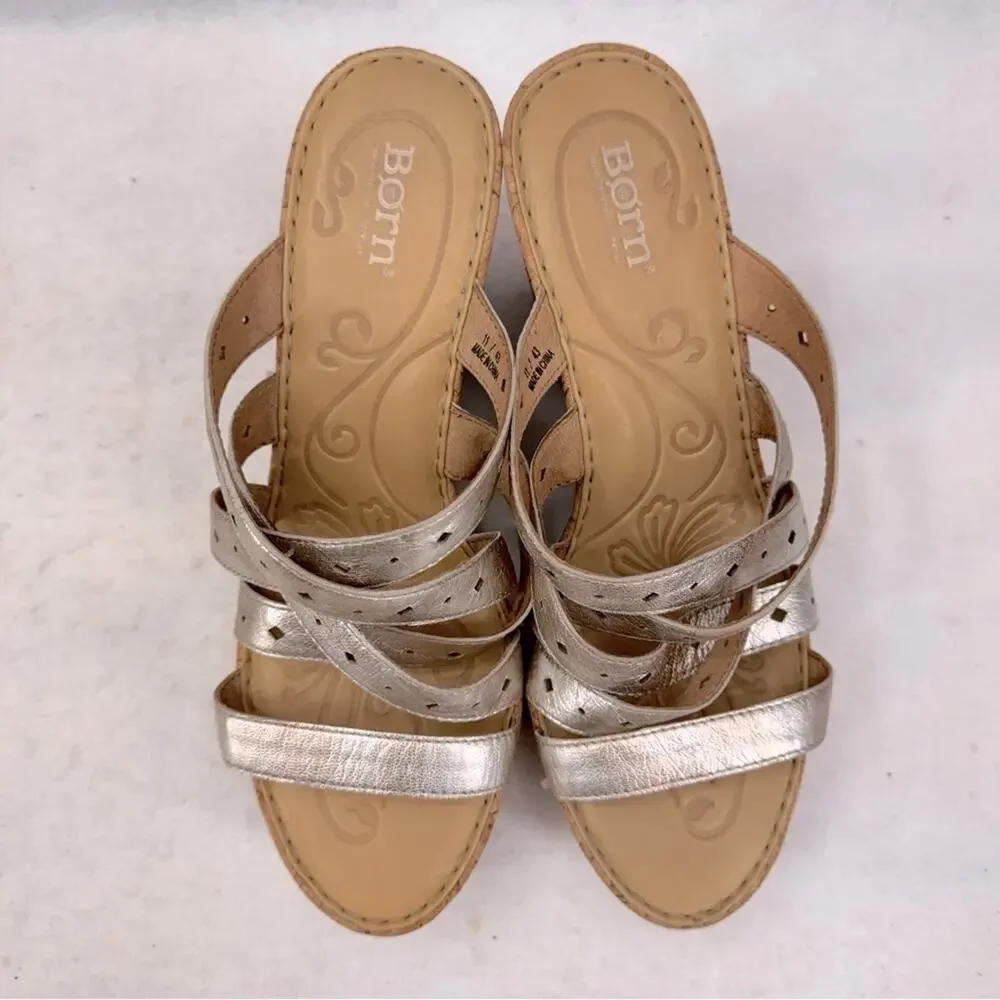 EUC Born Cork Wedges Sandals Leather Pewter size 12 4.5” Heels Strappy